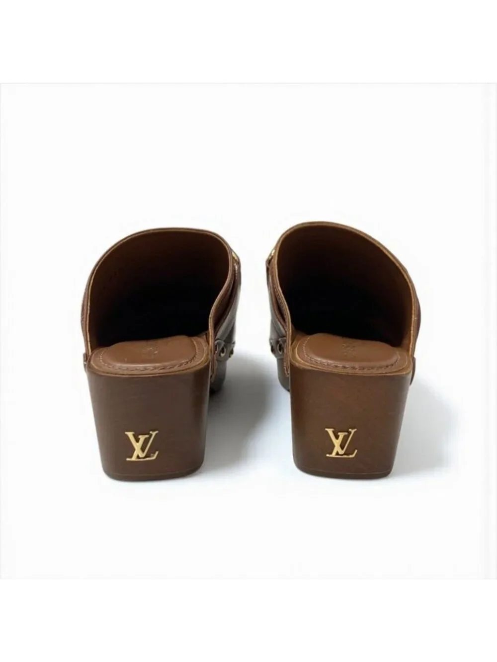 Louis Vuitton Cottage Line Sandals Shoes Leather Brown Gold Logo Studs Sabot - Picture 5 of 10